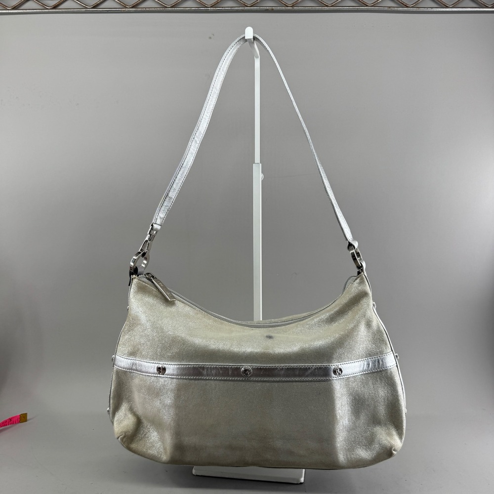 St. John Womens Metallic Silver Leather Hobo Shoulder Bag Studded Evening Bag